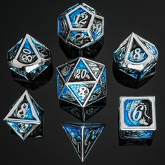 Solid Metal Dragon Polyhedral Dice Set - Silver with black and Blue